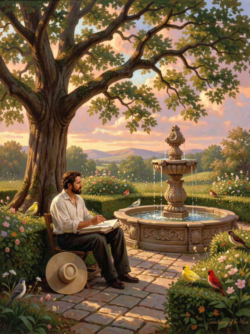 A painter reads beneath a tree in a garden courtyard with a bubbling fountain while birds sing from the hedges.