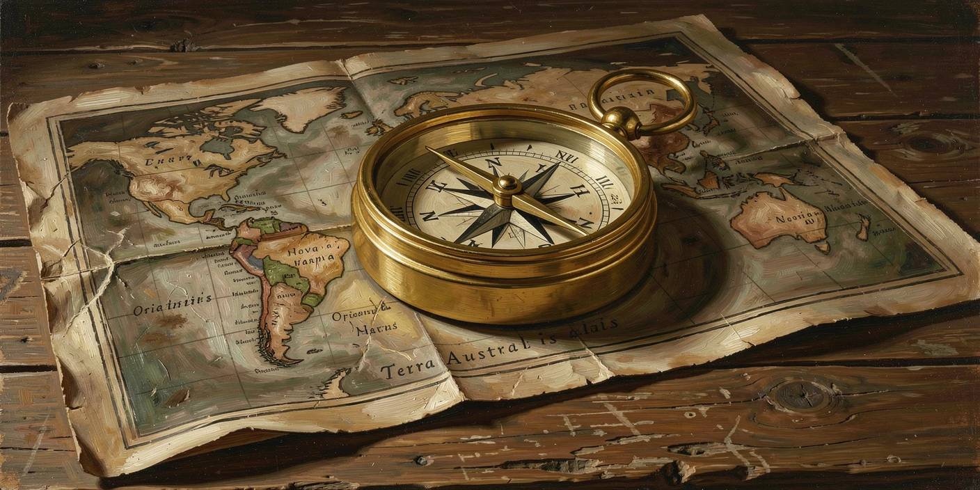 A gleaming golden compass resting atop an antique world map, as delicate shadows fall across the surrounding surface, radiating warmth, richness, and understated opulence