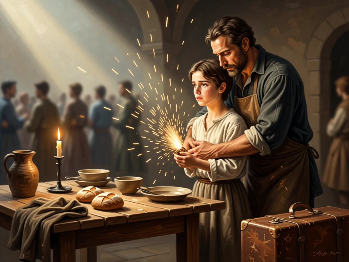 A blacksmith shielding his apprentice from a shower of sparks as tears and gratitude mix in equal measure, set at a rustic kitchen table set for an unexpected guest, with worn traveling clothes and a battered suitcase telling their own story; diagonal light spills across the reunited figures, isolating them from the crowd, radiating hope restored after long hardship.