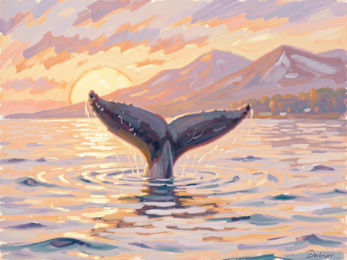 A humpback whale's tail rising above calm ocean water as the sun sets behind distant mountains, under a glowing sunset sky, inspiring awe at the beauty of the scene.