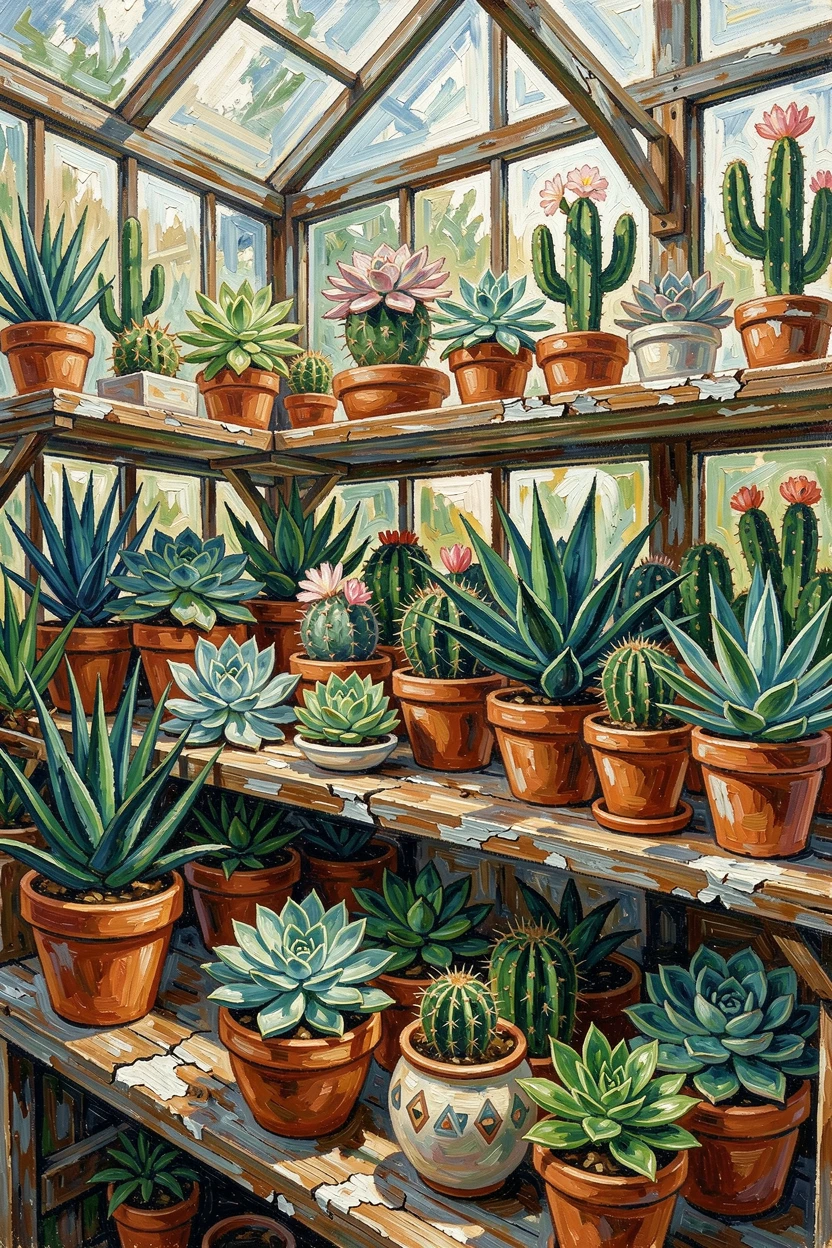 A greenhouse of succulents and cacti arranged on weathered wooden shelves.