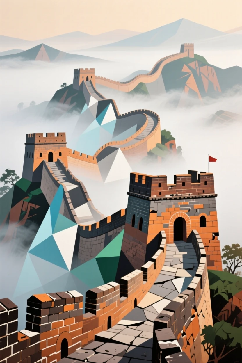 A breathtaking view of the Great Wall of China, wrapped in soft morning mist.