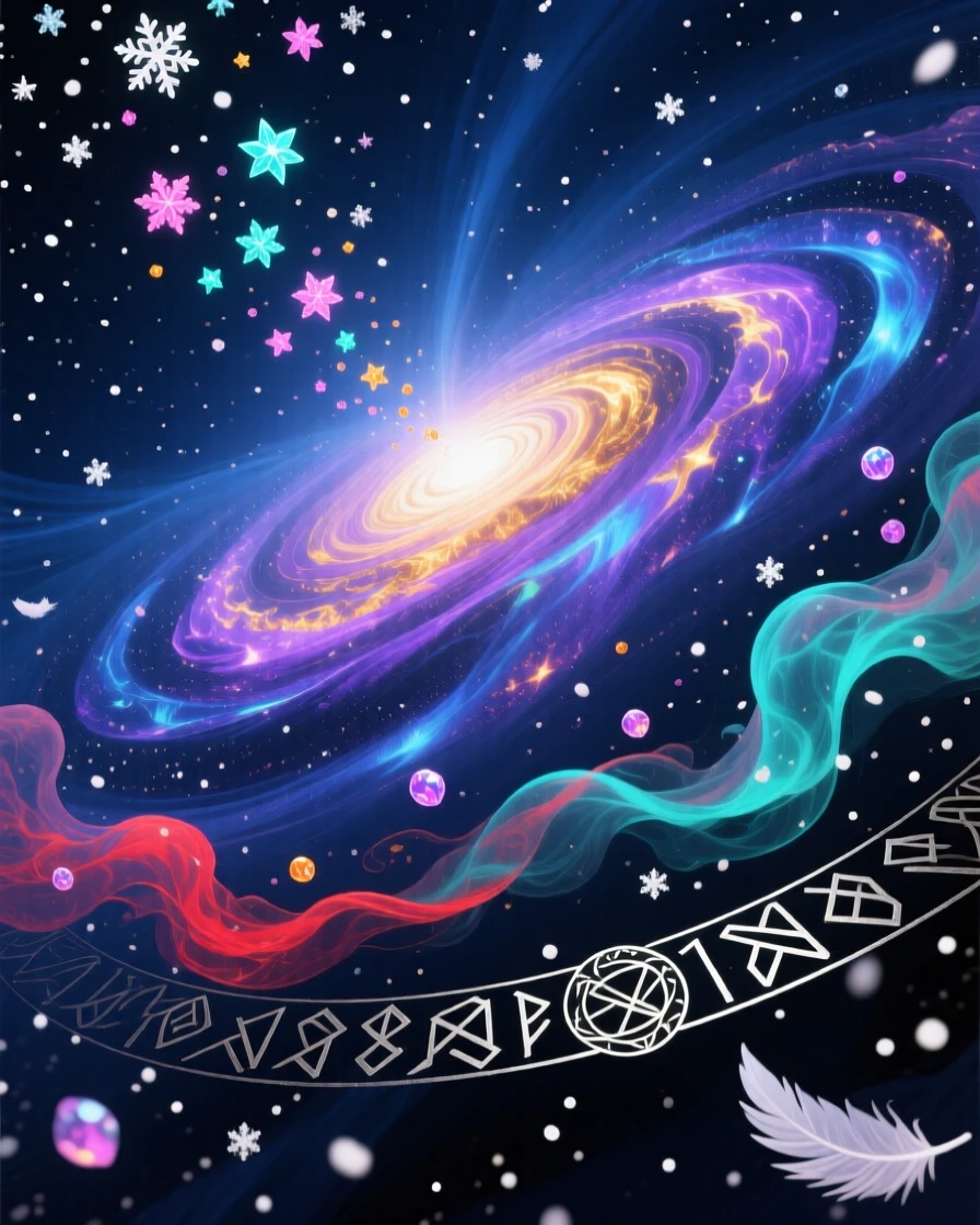 A night sky where stars fall slowly like gentle snow spins gently at the center of an infinite dark sky, while the entire scene shimmers with quiet, cosmic stillness.