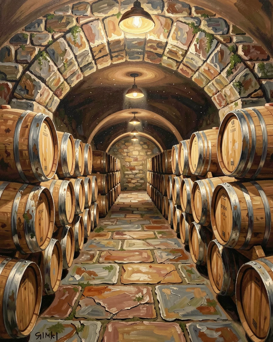 A rustic Napa Valley wine cellar shows rows of oak barrels illuminated by warm hanging lights beneath a stone archway, the play of light across weathered surfaces revealing decades of history in every wall.