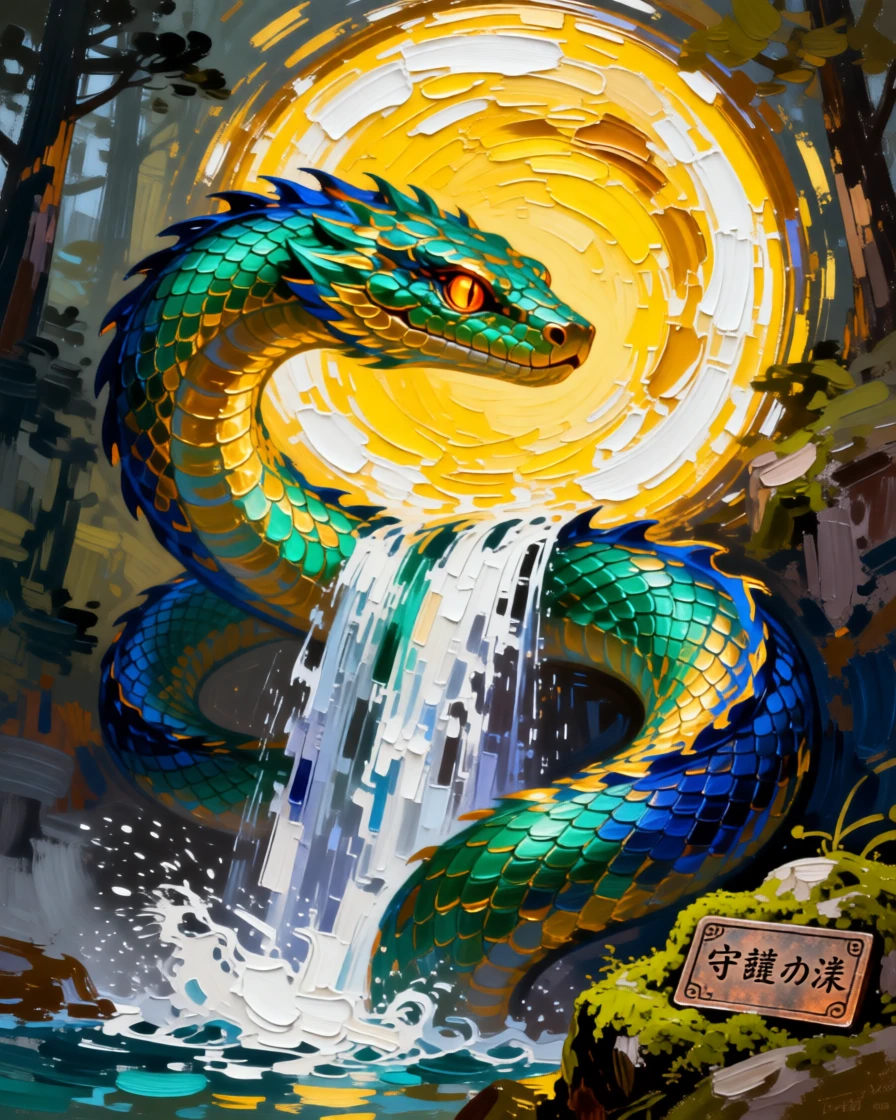 a serpent dragon coiled around a waterfall emerging from a portal of swirling golden light