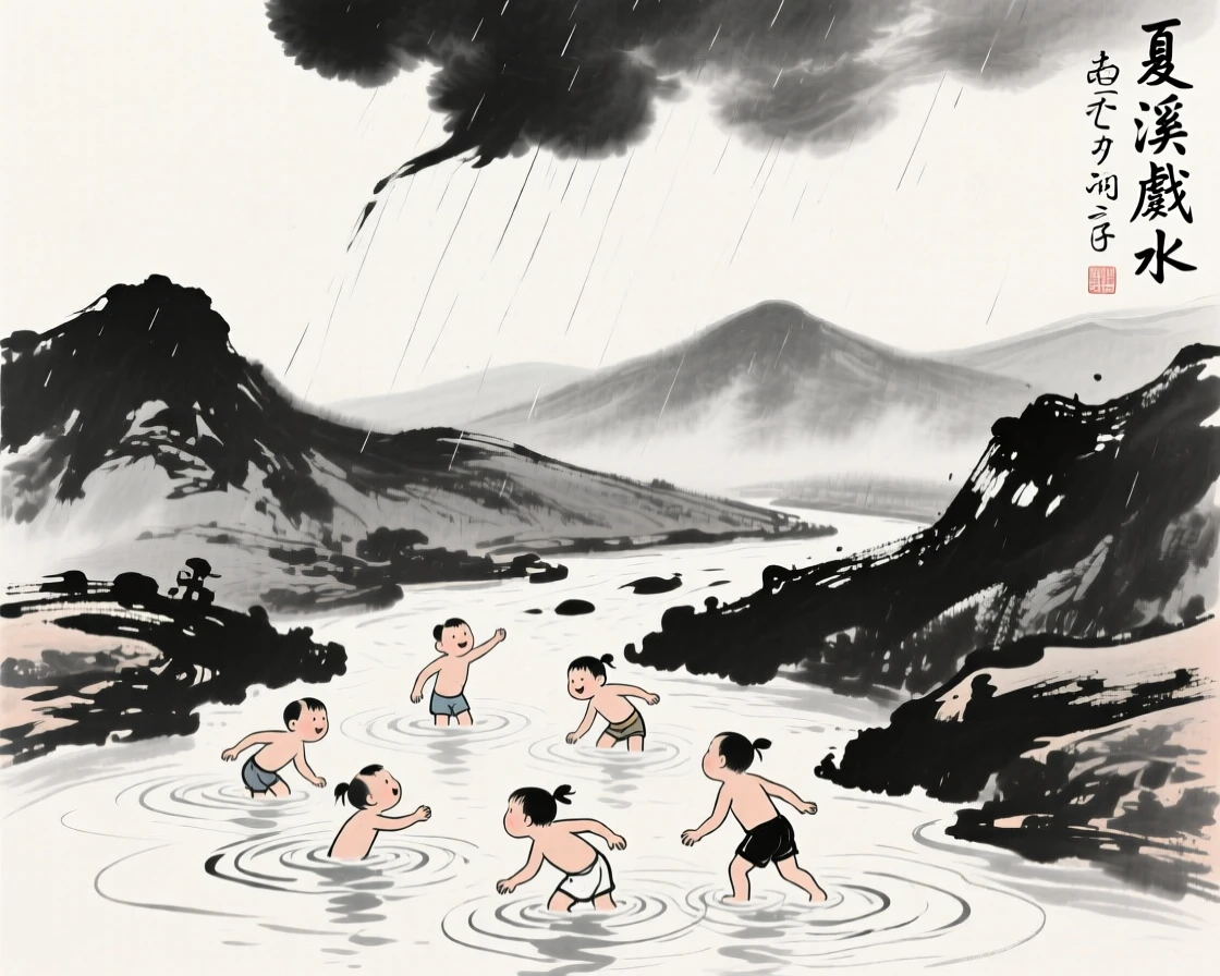 Children swim in a cool mountain stream on a hot afternoon, beneath a sky heavy with the promise of rain.