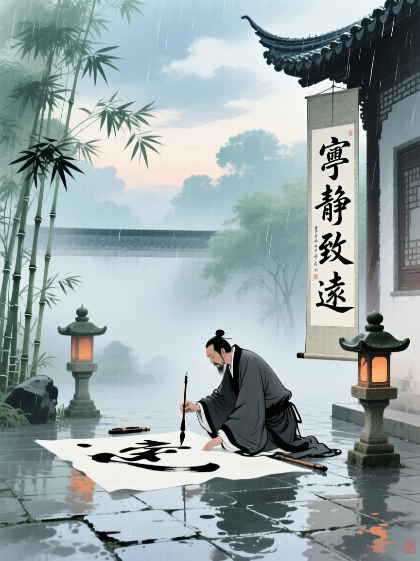 A calligrapher practicing brushstrokes in a quiet courtyard at dawn, beneath low hanging clouds, just after a rain shower, conveying a deep sense of harmony with nature.