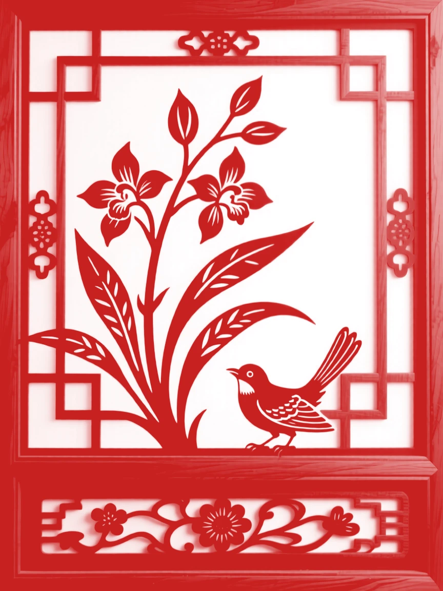 An orchid stem resting on a carved wooden windowsill, with a small bird perched nearby.