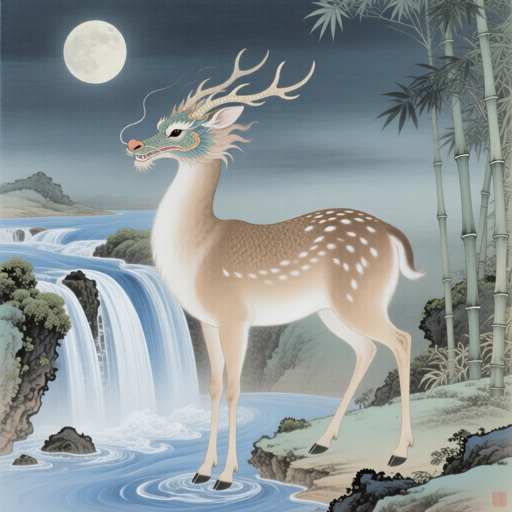 A gentle qilin with a dragon's head and deer's body beside a waterfall glowing with moonlight