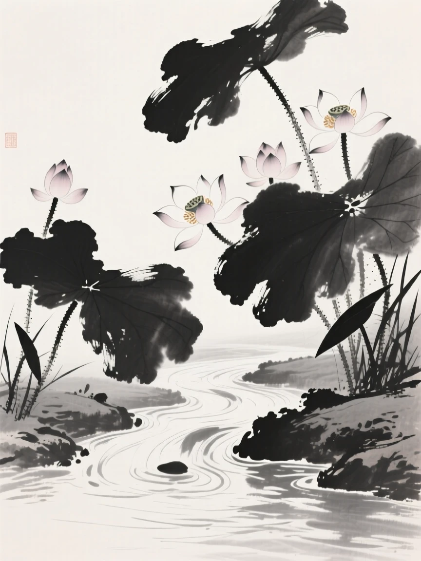 A cluster of blooming lotus flowers along the bank of a slow-moving stream, framed asymmetrically for quiet visual balance, conveying gentle stillness and natural harmony.