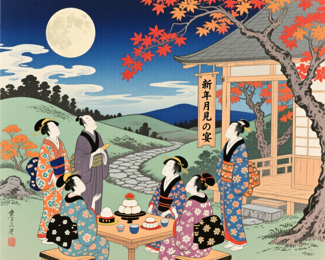 A New Year gathering admiring the full autumn moon together.