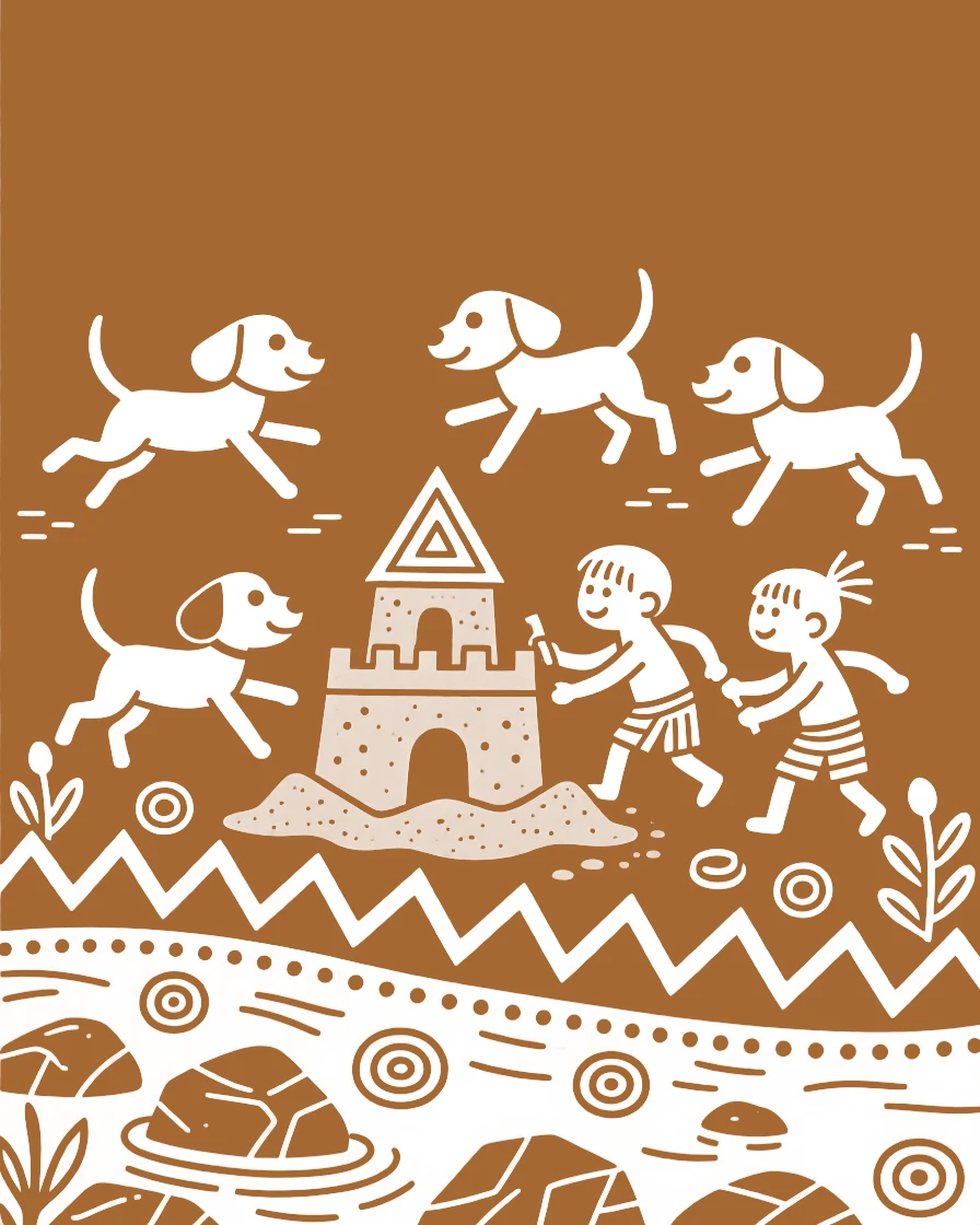 A group of playful puppies chasing children building a small sandcastle by a riverbank.