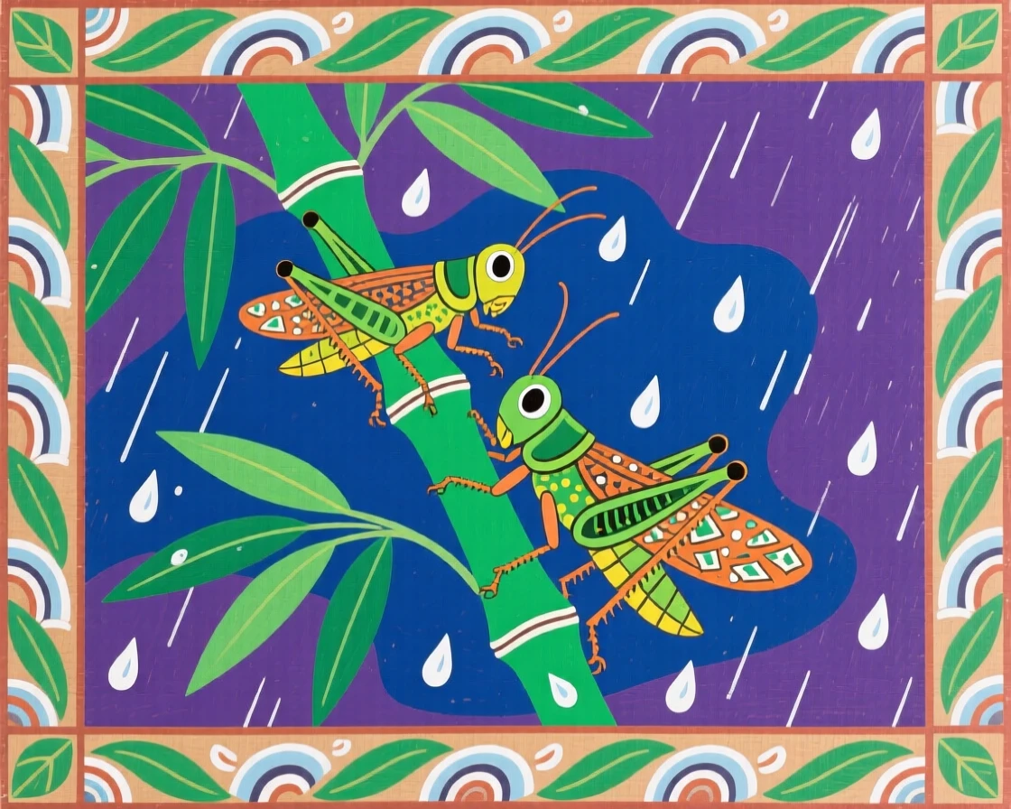 A pair of grasshoppers clinging to a bamboo stalk after rain.