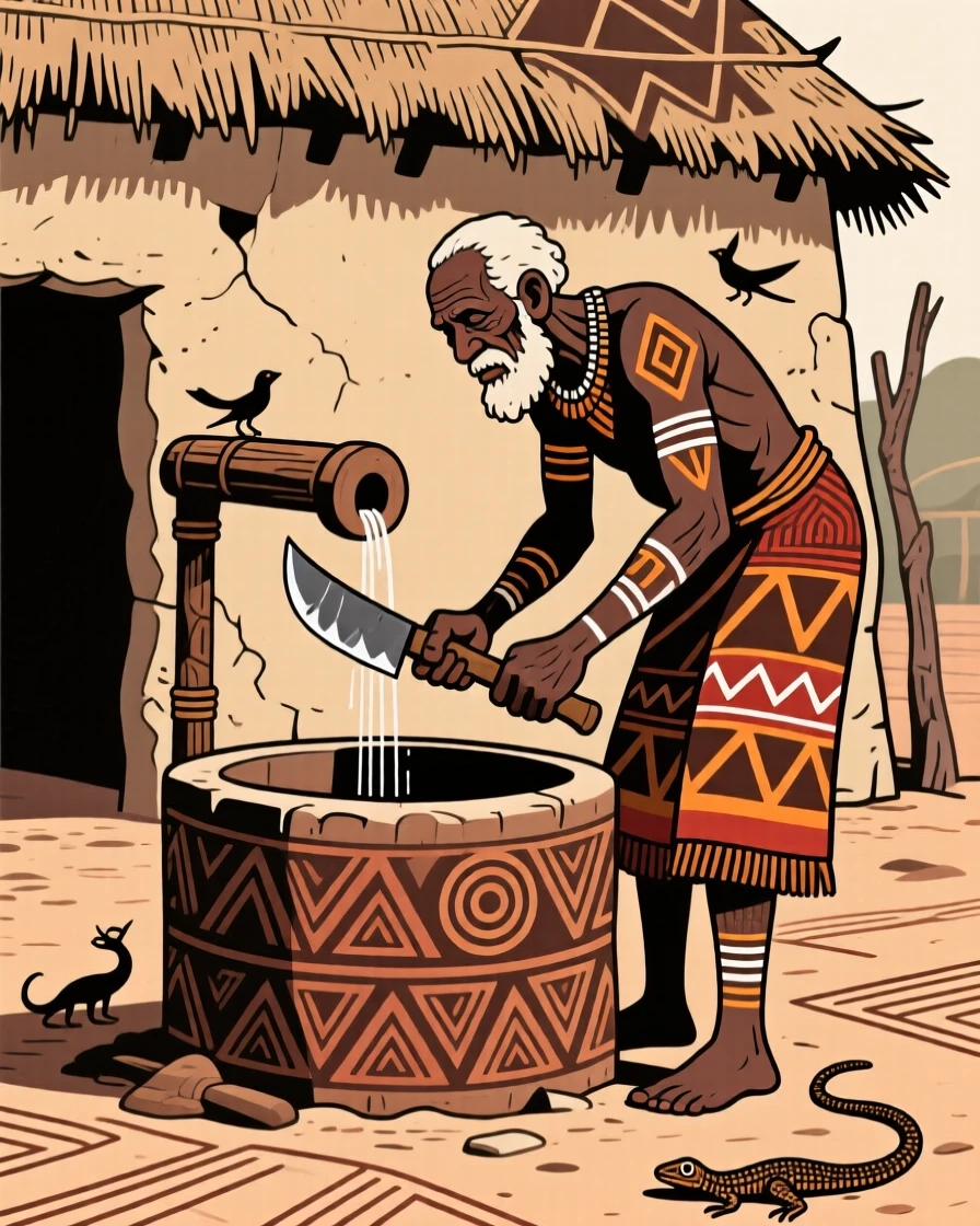 An old man sharpening tools outside his hut beside a communal well.