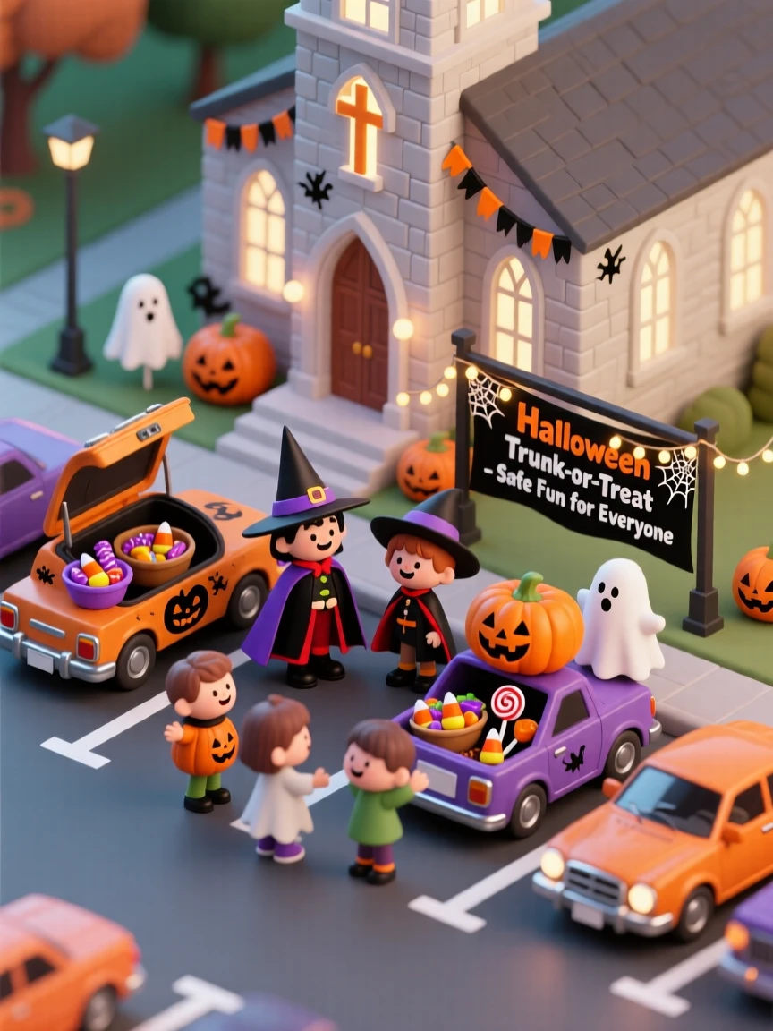 A Halloween trunk-or-treat event in a church parking lot, decorated car trunks handing out candy to costumed kids.