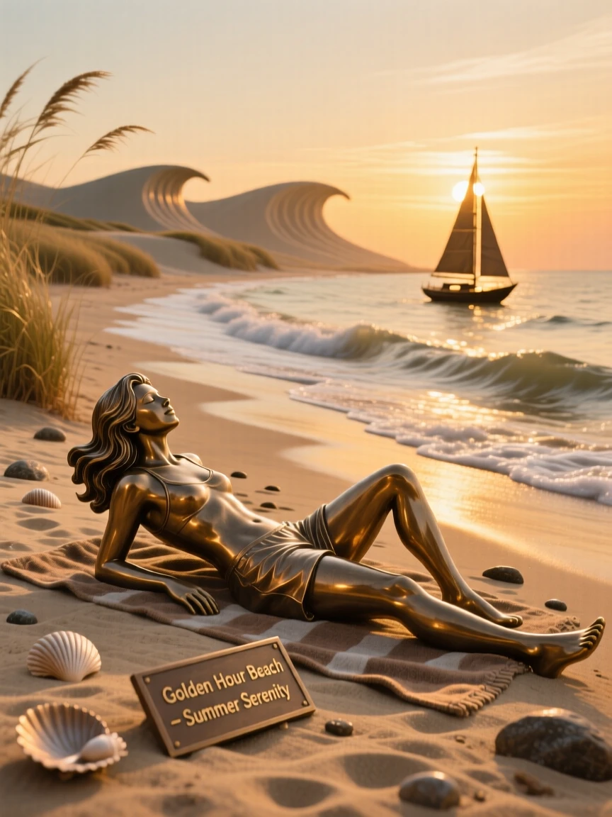 A summer beach at the golden hour before sunset, capturing the mood and atmosphere of the season in rich, immersive detail