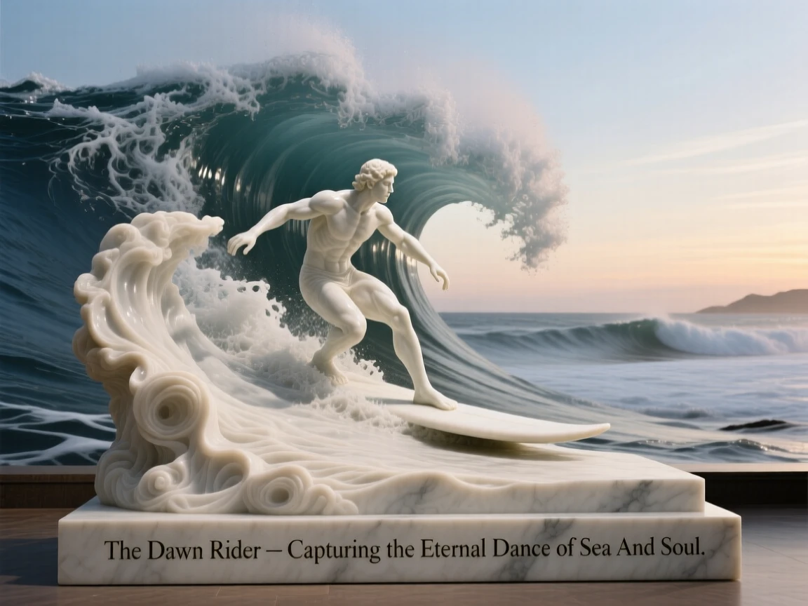 A beautifully composed image of a surfer riding a towering wave at dawn, in a moment of quiet stillness, full of atmosphere and visual storytelling