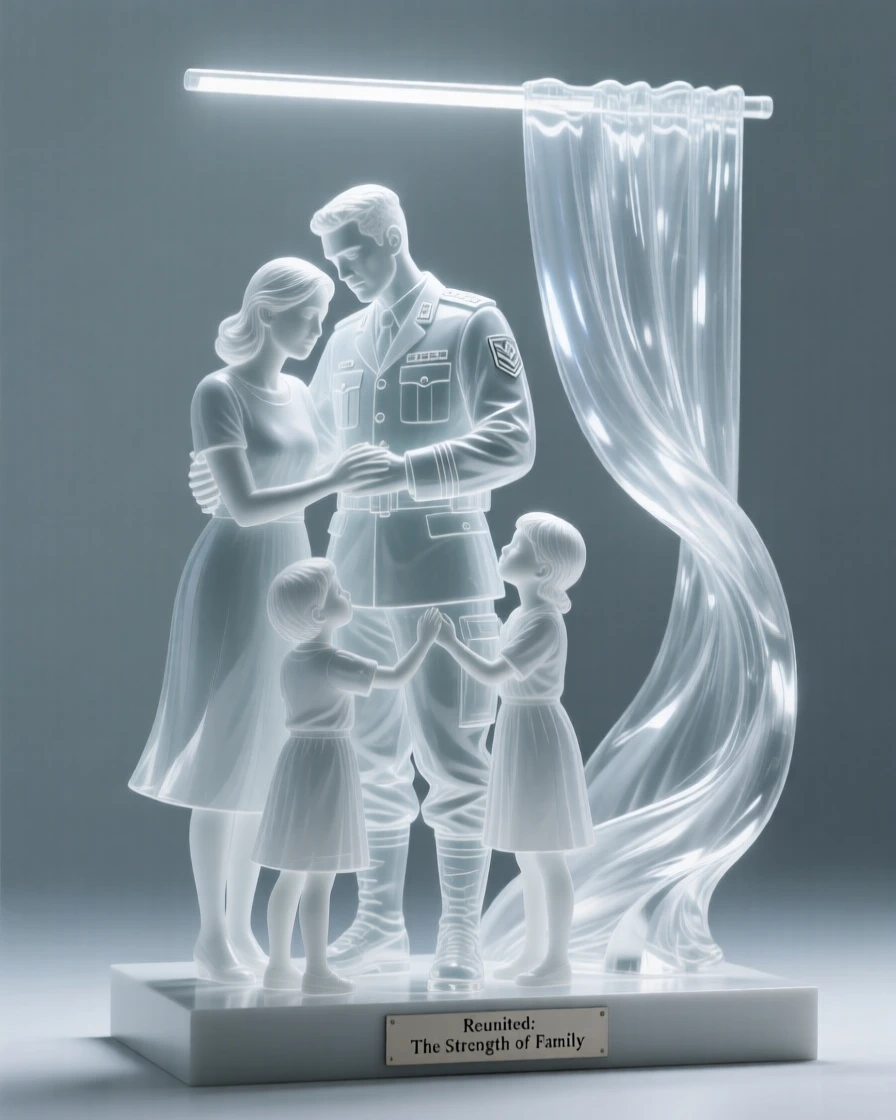 A soldier reunited with family after a long time away as a soft breeze stirs the curtains nearby