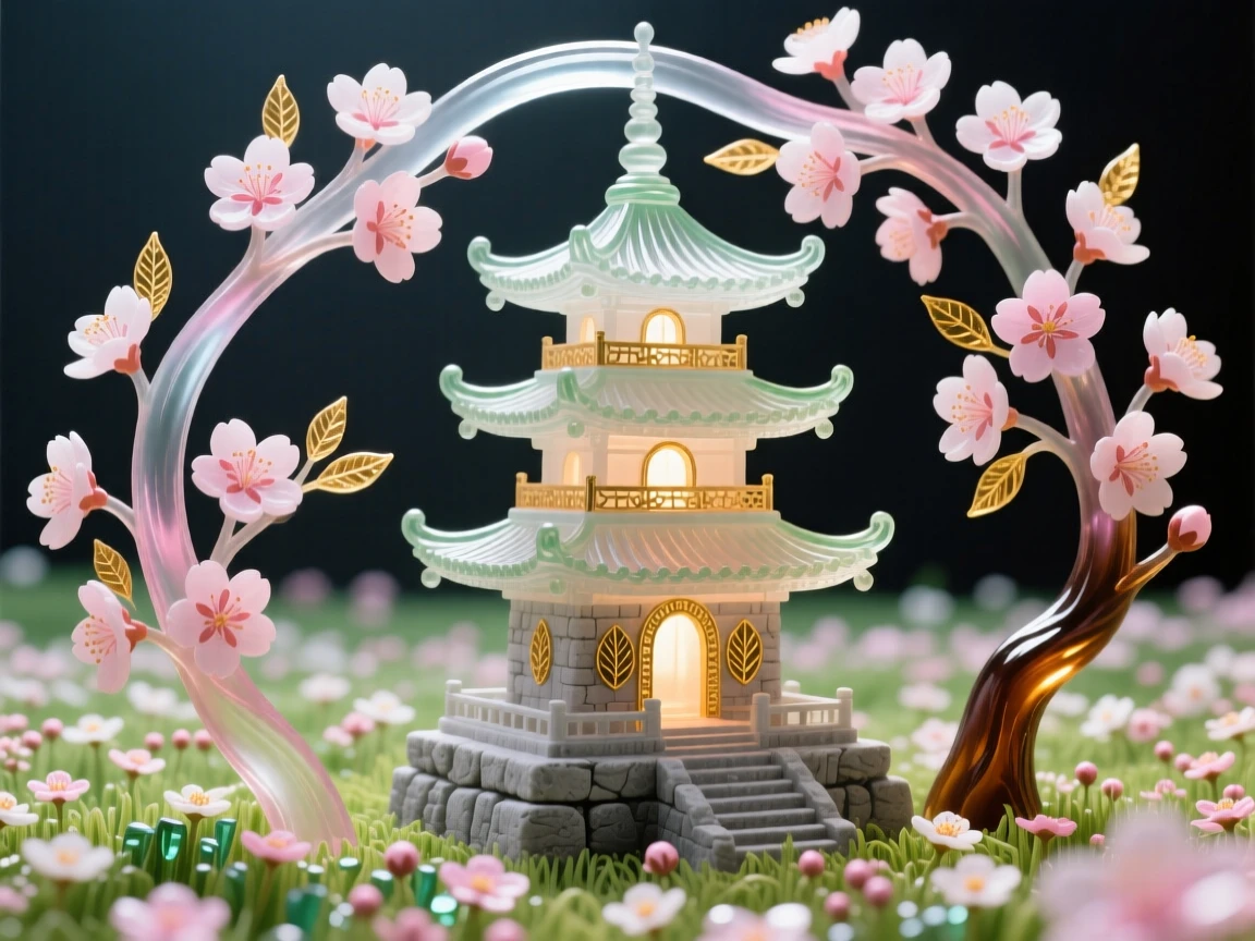 A field of blooming cherry blossoms framing an ancient stone pagoda, serene and iconic.