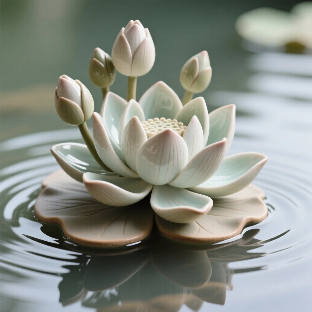 A delicate lotus floating atop still water clustered together in natural harmony, its edges delicately curled and textured, conveying the quiet poetry of the natural world.