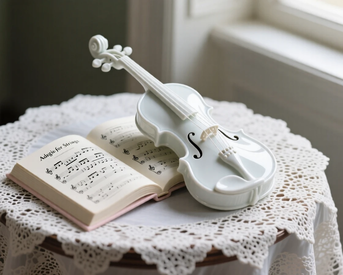 A refined still-life arrangement of a violin resting beside sheet music on a lace tablecloth, soft window light falling across the scene.
