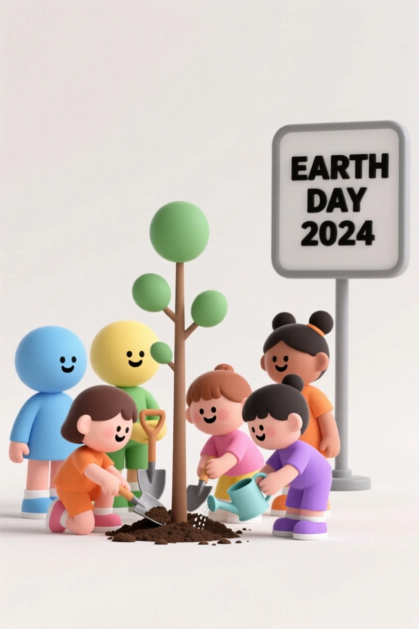 A joyful classroom of children plant a small tree together for an Earth Day celebration.