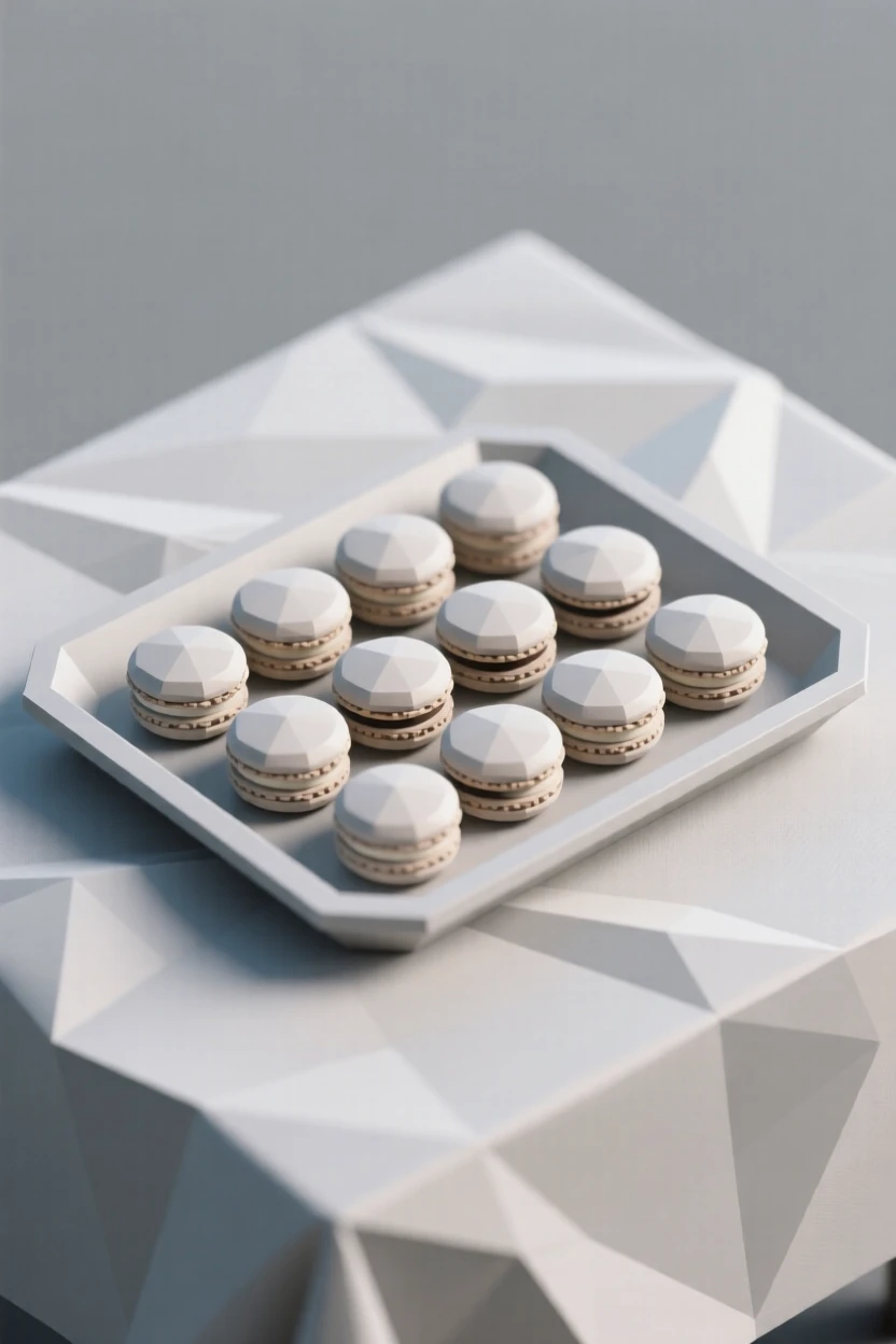 A tray of colorful macarons, on a linen tablecloth set for breakfast. a shallow depth of field keeps focus on the food. It captures a simple, joyful moment.