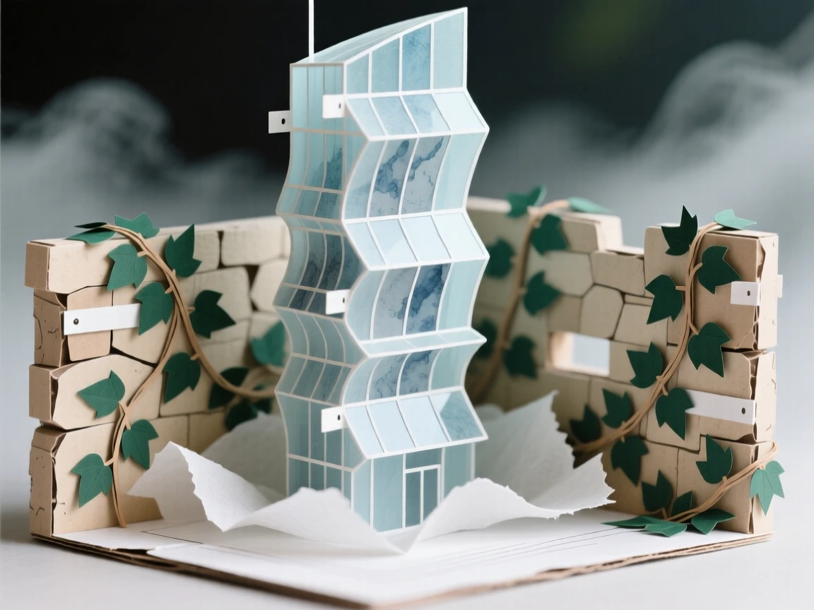 A futuristic curved glass skyscraper surrounded by drifting morning mist, with ivy climbing along weathered stone walls, conveying architectural ambition and scale.