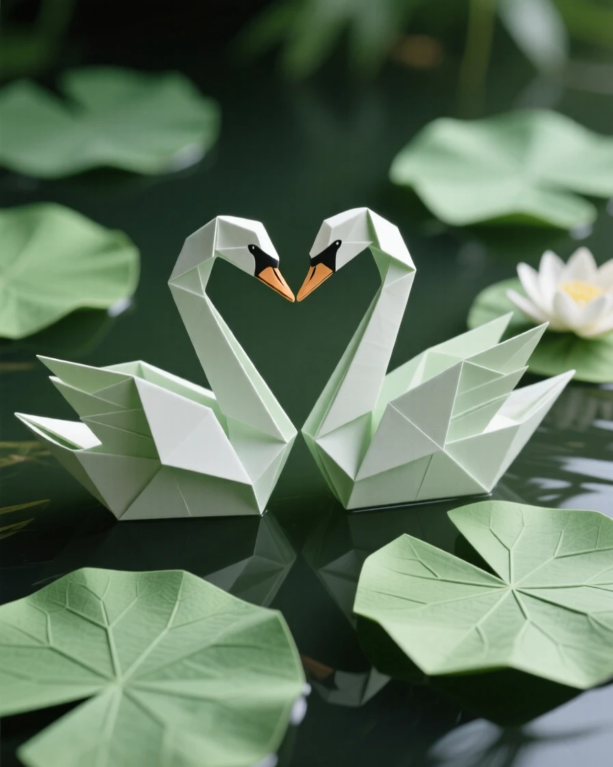 A decorative swan pair forming a heart shape with their necks, framed by lily pads.