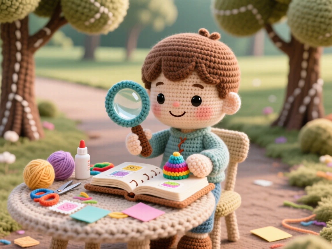 a small boy collecting stamps in an album, with a magnifying glass in hand, is captured carefully placing a colorful stamp in a quiet park path lined with trees beside a scattering of craft supplies on the table, showing the simple happiness of a favorite pastime.
