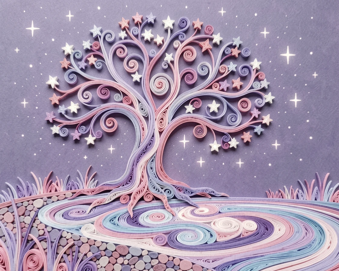 A magical fantasy scene of a celestial tree with branches full of tiny stars on the shore of a starlit magical lake, in dreamy pastel tones of lavender and rose, captured in an intimate close-up glowing softly.