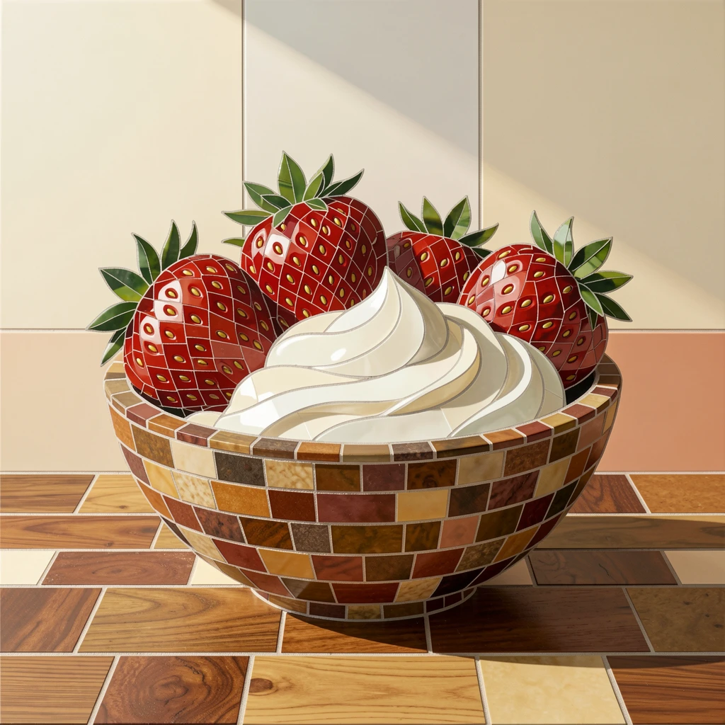 A close-up gourmet food photograph of a bowl of fresh strawberries with cream on a rustic wooden table, with rich color and inviting texture.