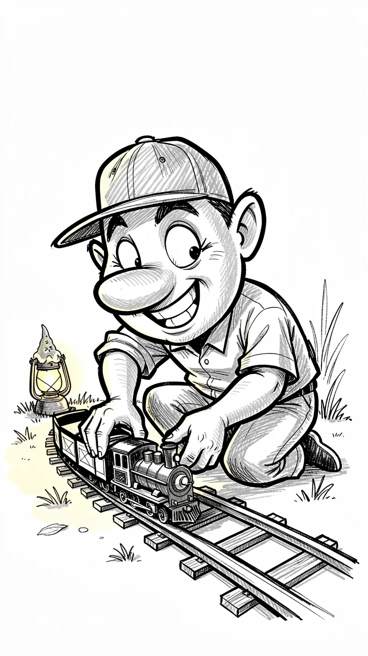 A model train enthusiast adjusting a tiny track in a backyard on a summer evening.