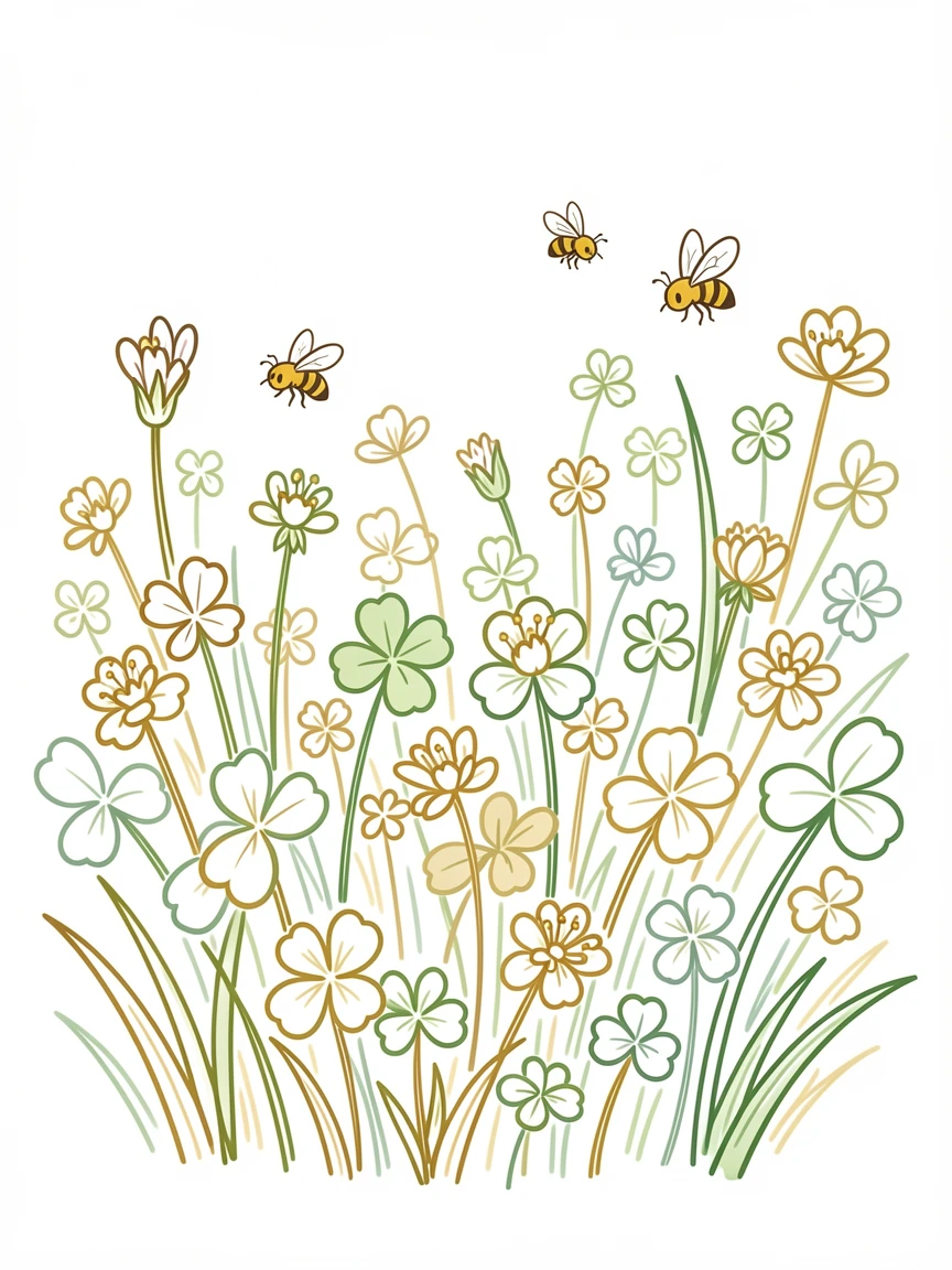 A field of wild clover dotted with grazing bees on a warm afternoon.