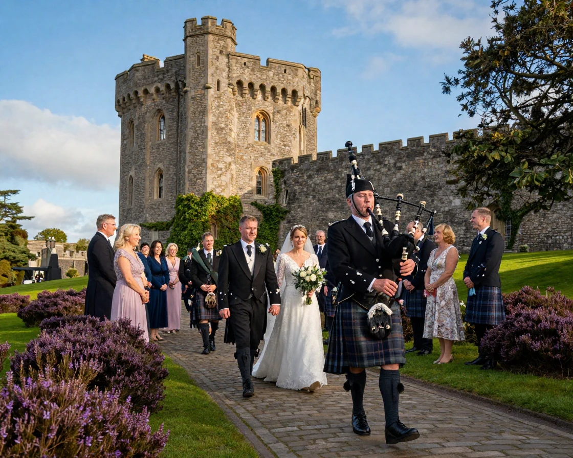 A Scottish castle wedding with a piper leading the procession