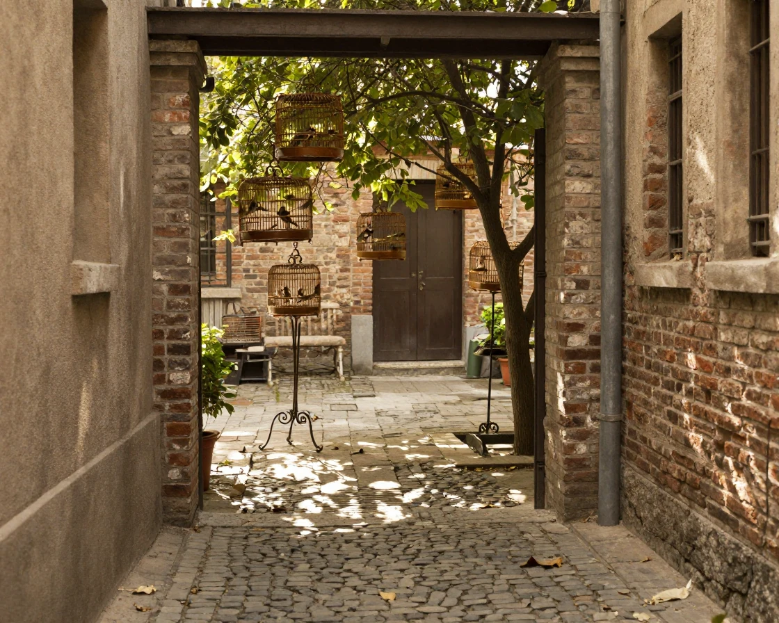 A cobblestone alley opens suddenly onto a courtyard filled with singing caged birds.