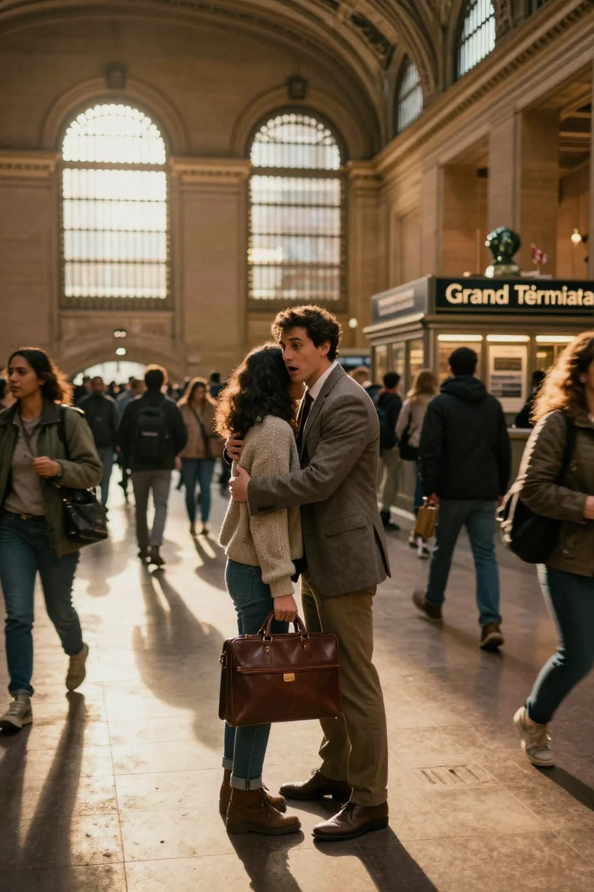 A lonely commuter receiving an unexpected hug in a crowded train station