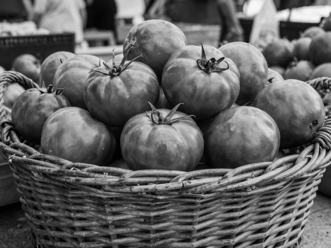 A basket of ripe tomatoes spills over the edge of a wicker basket at an outdoor summer market.