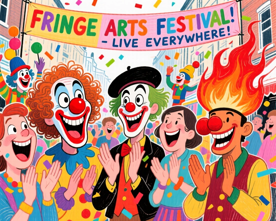 A group celebrating a fringe arts festival with street performers everywhere.