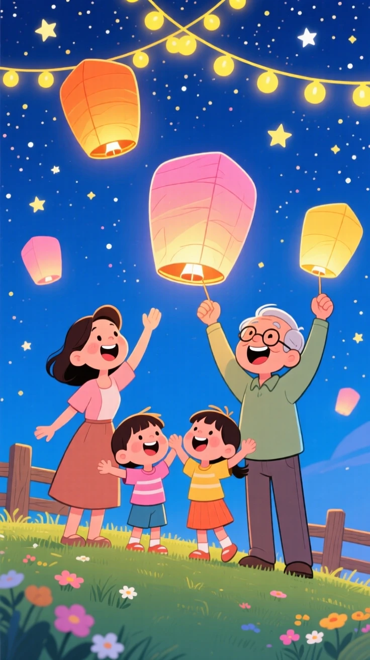 A festive celebration scene of a family releasing paper lanterns into a starry night sky, with twinkling string lights strung overhead.