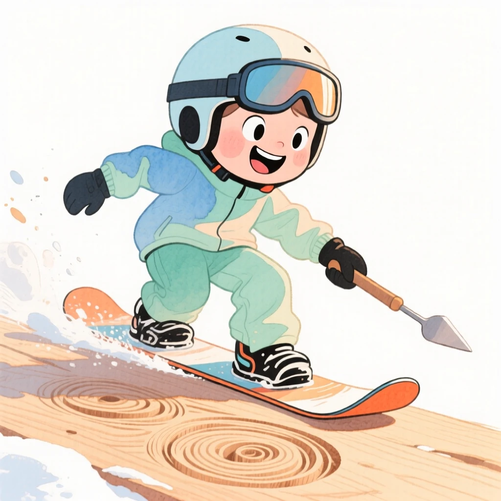 A snowboarder carving intricate details into fresh wood