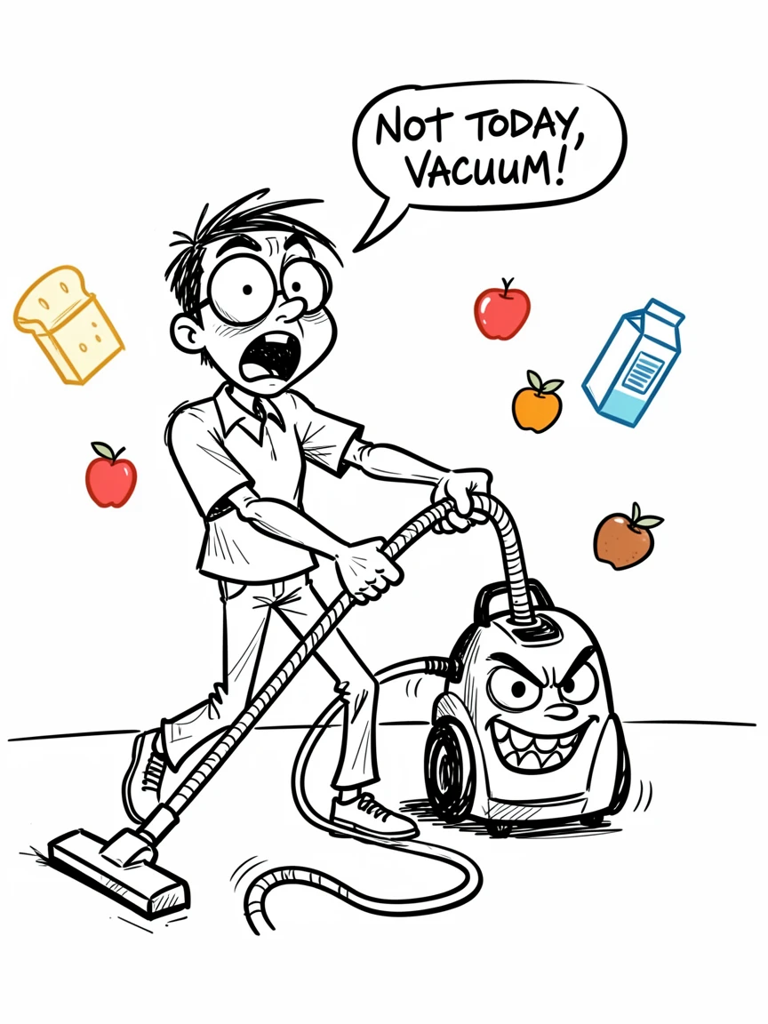 [Funny & Exaggerated Situations] Comical scene of a startled grocery shopper losing a tug of war with a vacuum cleaner, exaggerated for maximum laughs