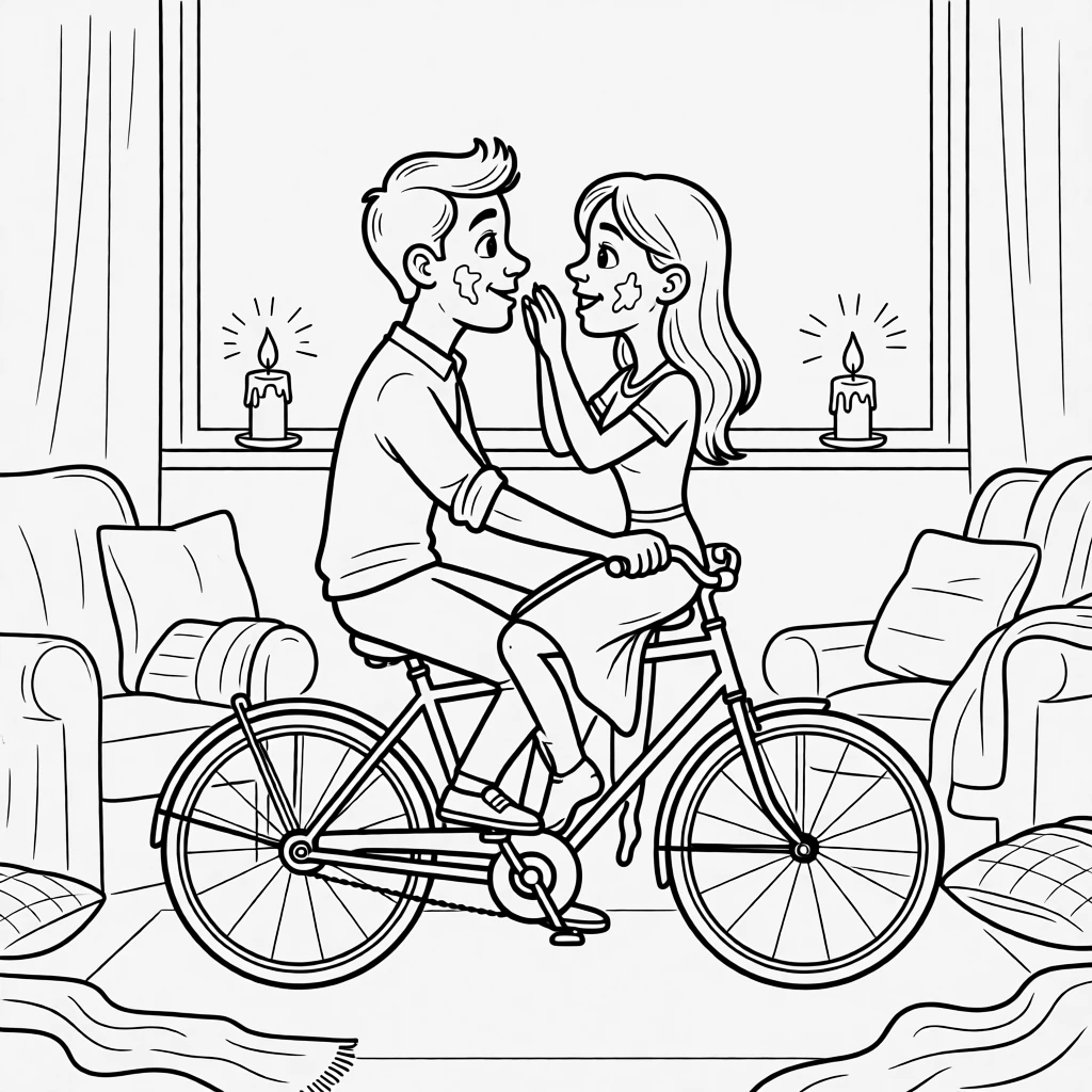 A couple attempting a clumsy tandem bike ride, getting frosting smeared playfully across each other's noses, set in a living room strewn with couch cushions and blankets. A half-melted candle flickers on the windowsill. The scene feels like a love story told through small moments.