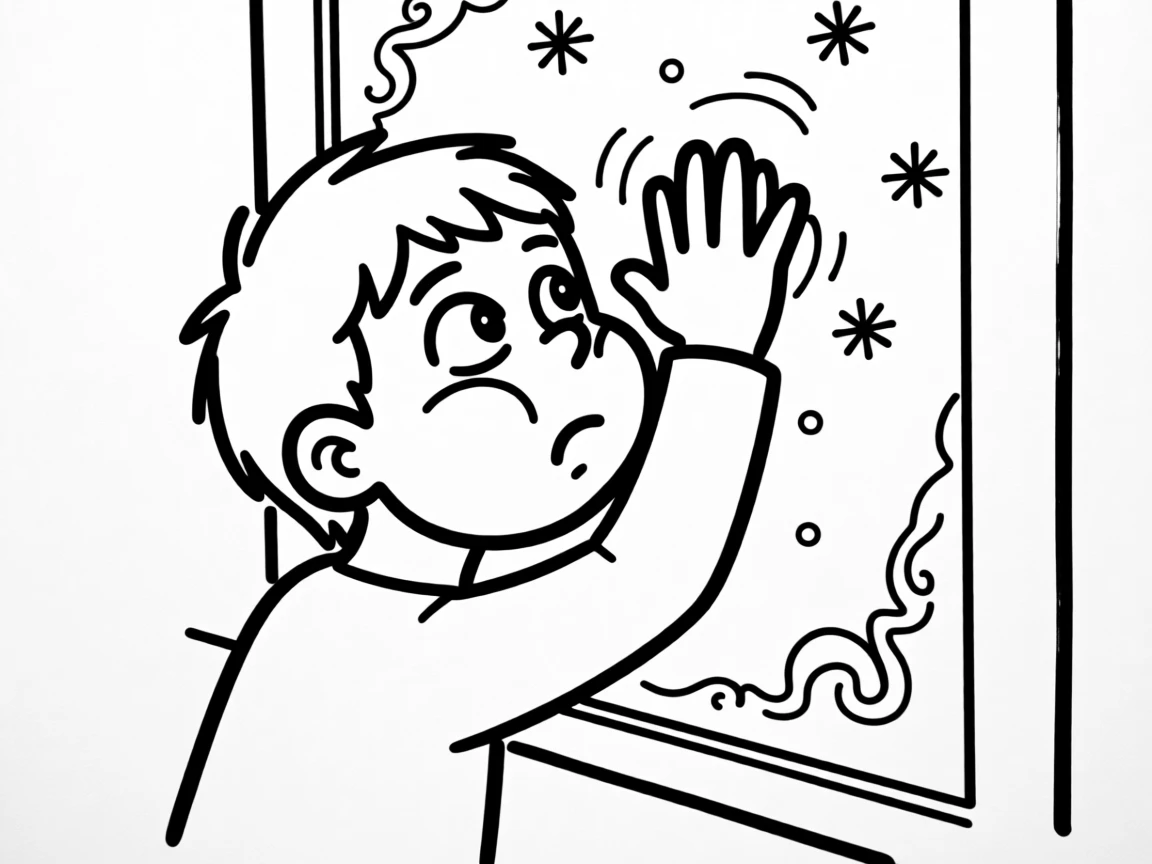 A child pressing their face against a frosty window, watching snow fall outside.