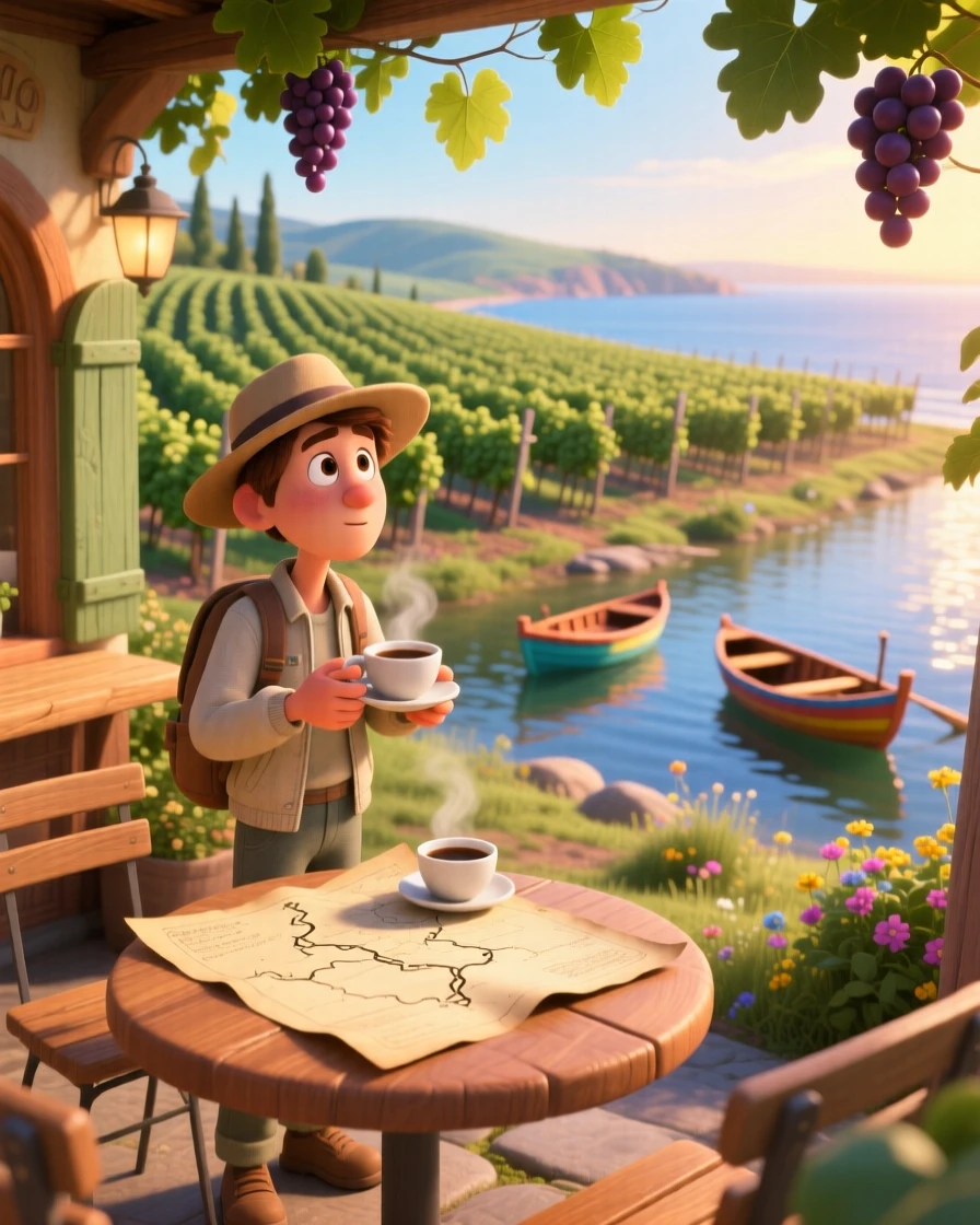 A traveler sipping coffee at a small cafe stands in a vineyard with rows stretching into the distance, tracing a path on an old paper map. The mood is adventurous, peaceful, and awe-inspiring, with small boats bobbing in the distance.