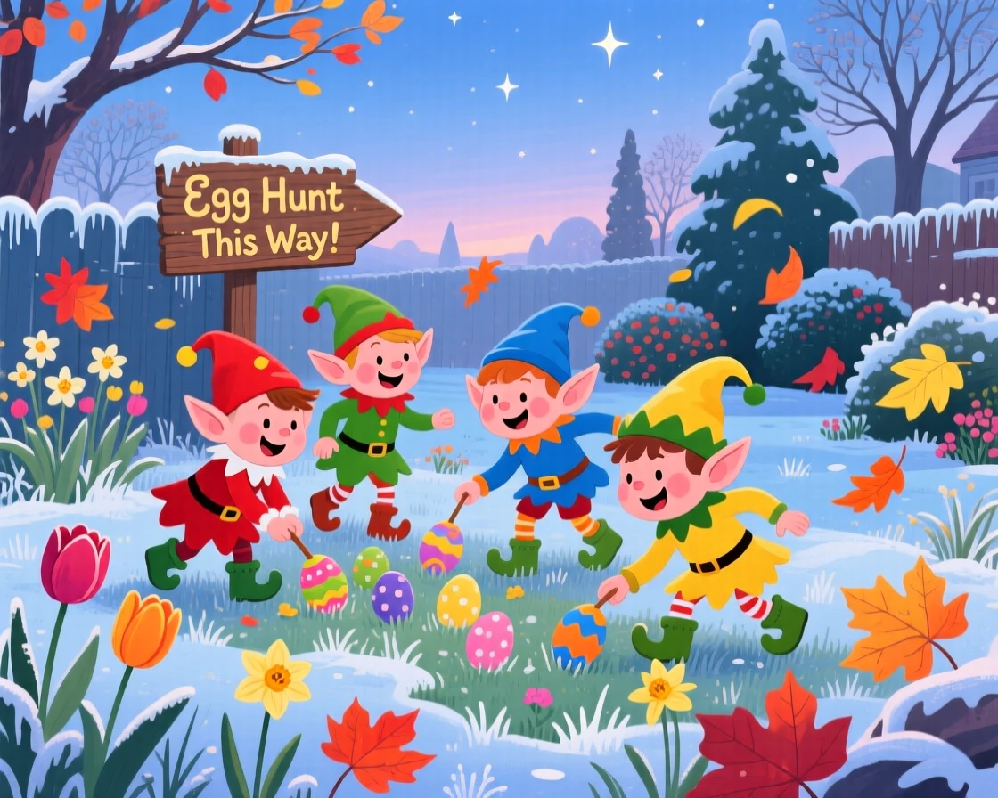 A group of cheerful elves spend the evening hunting for hidden eggs in a spring garden in a frosty backyard, as colorful leaves swirl through the air.