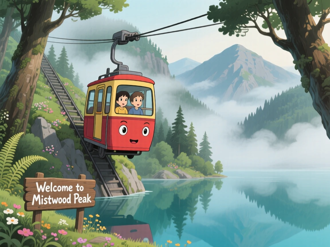 A charming scene of a cable car climbing steeply up a misty mountainside, reflected in the still water below.