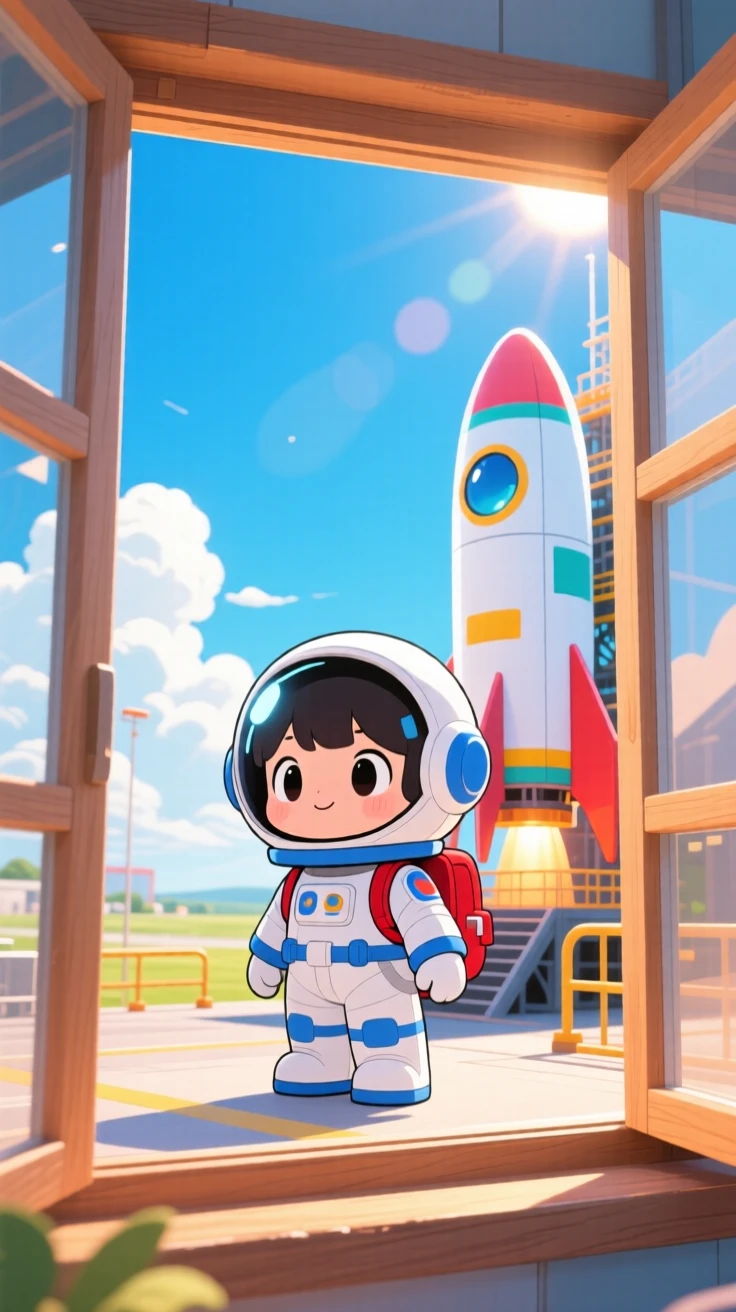 Framed through a window: a young astronaut, boarding a rocket ship with a backpack, set against a sunny launch pad beneath fluffy drifting clouds, with warm lamplight and a mood of quiet contentment.