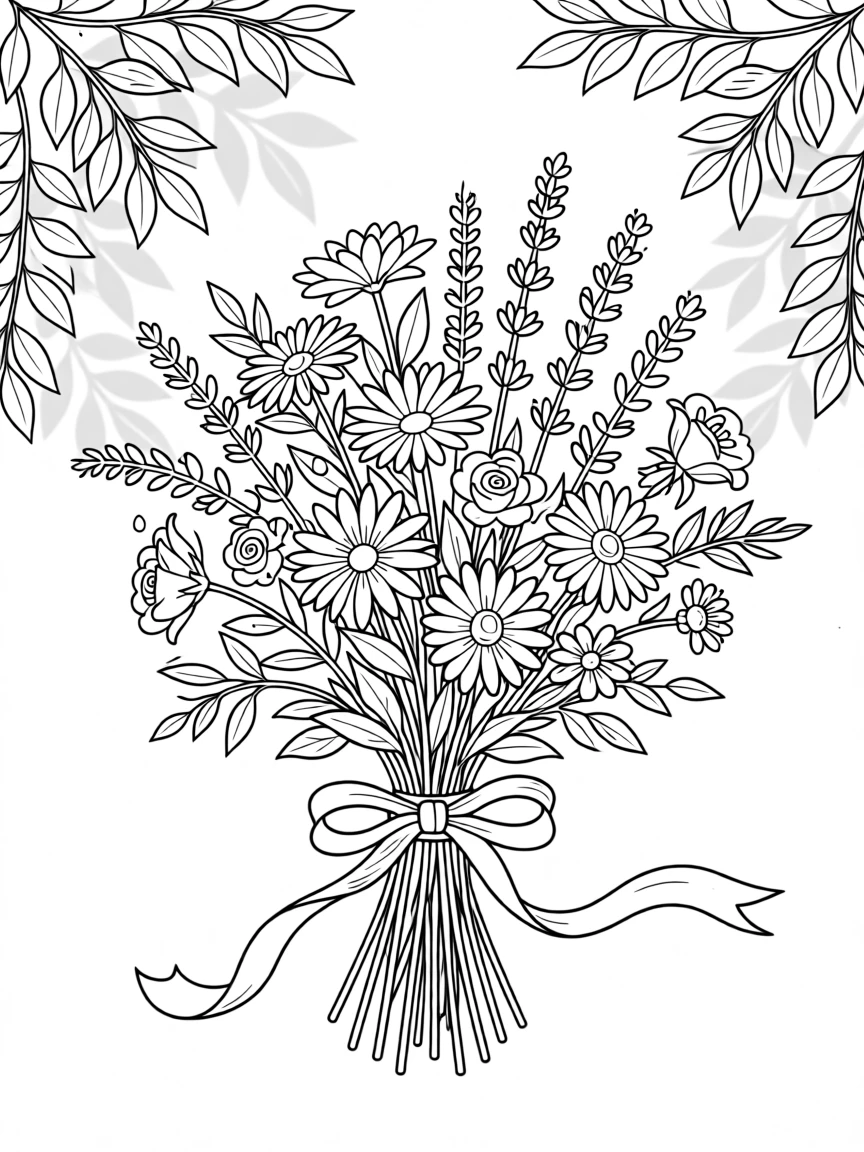 A bouquet of wildflowers tied with a ribbon, with soft morning light filtering through the leaves.