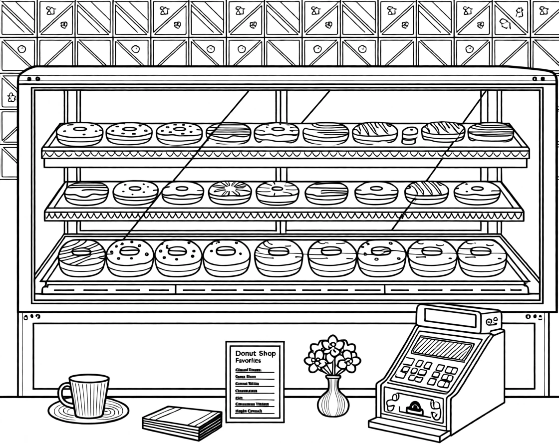 A donut shop display case filled with glazed and sprinkled rows.